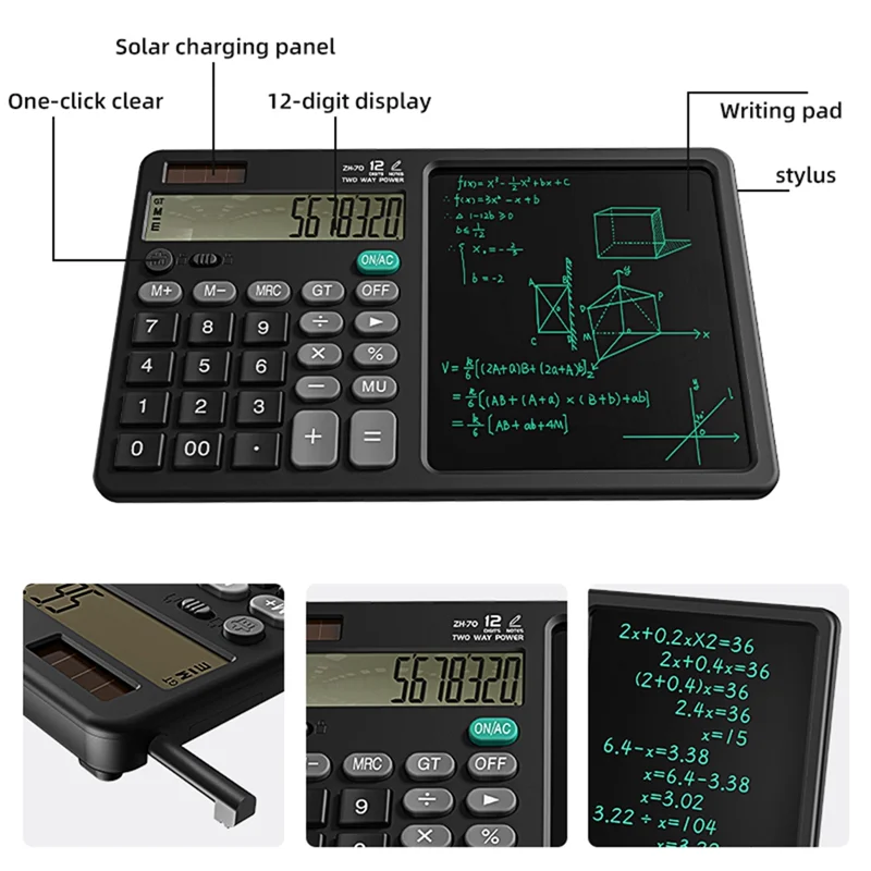 AT82-Calculator Writing Tablet With Stylus 12 Digits Desktop Scientific Calculators Doodle Drawing Memo Erasable Pad