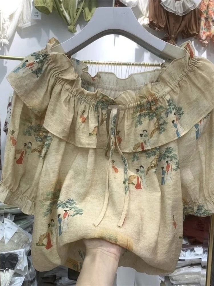 

Fashion Vintage Shirts Chinese Styl Ruffles Slash Neck Puff Sleeve Blouses Summer All Match Tops Print Loose New Women Clothing