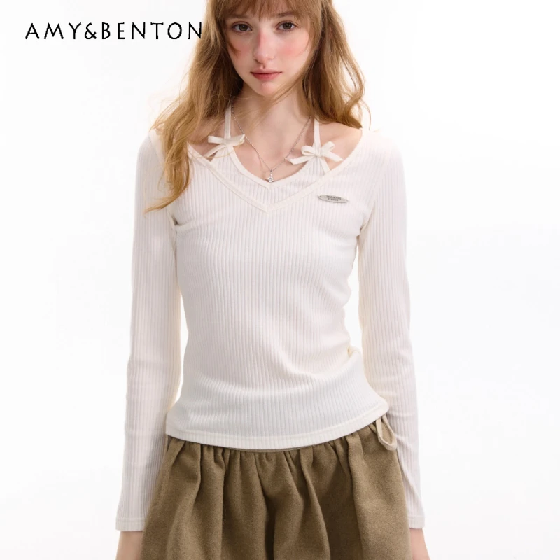 

Осень-зима 2022, новый утягивающий женский топ с лямкой на шее и бантом, оригинальный дизайн, белая футболка с длинными рукавами, трикотажная нижняя рубашка, женская