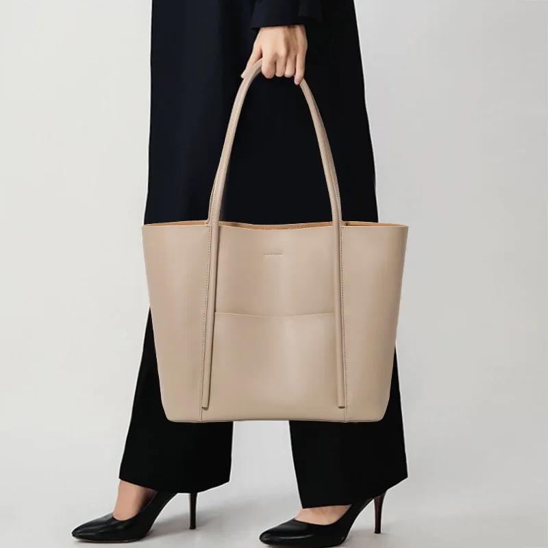 Genuine Cowhide Leather Women Tote Bag, Soft Shoulder Bag with Multi-Pocket, Large Capacity Work Purse for Travel