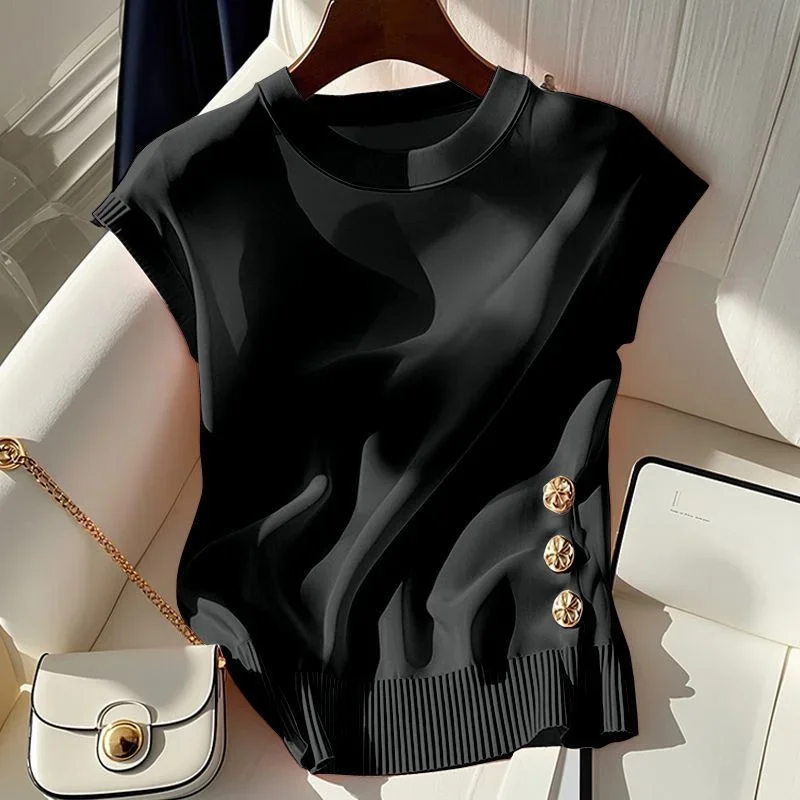 2025 New Korean Summer Round-necked Sweater Women Pullover Casual Chic Comfortable Slim Sleeveless Femme Knitwear Jumper Lady