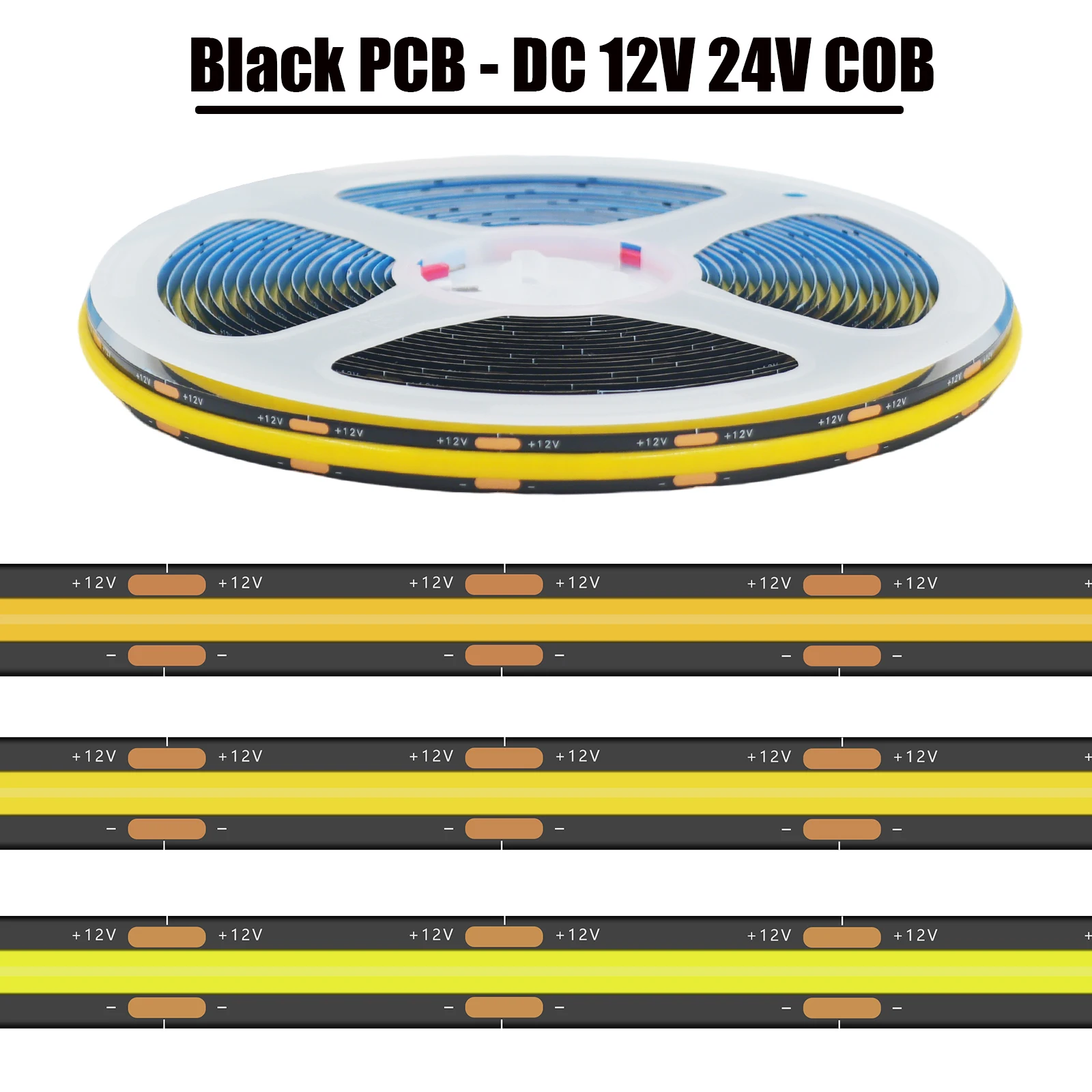 

Черная светодиодная лента COB на плате PCB, 12В/24В, 320 светодиодов/м, теплый/нейтральный белый 3000К/4000К/6000К, IP20, RA90, гибкая, 0.5м/1м/5м/10м/20м