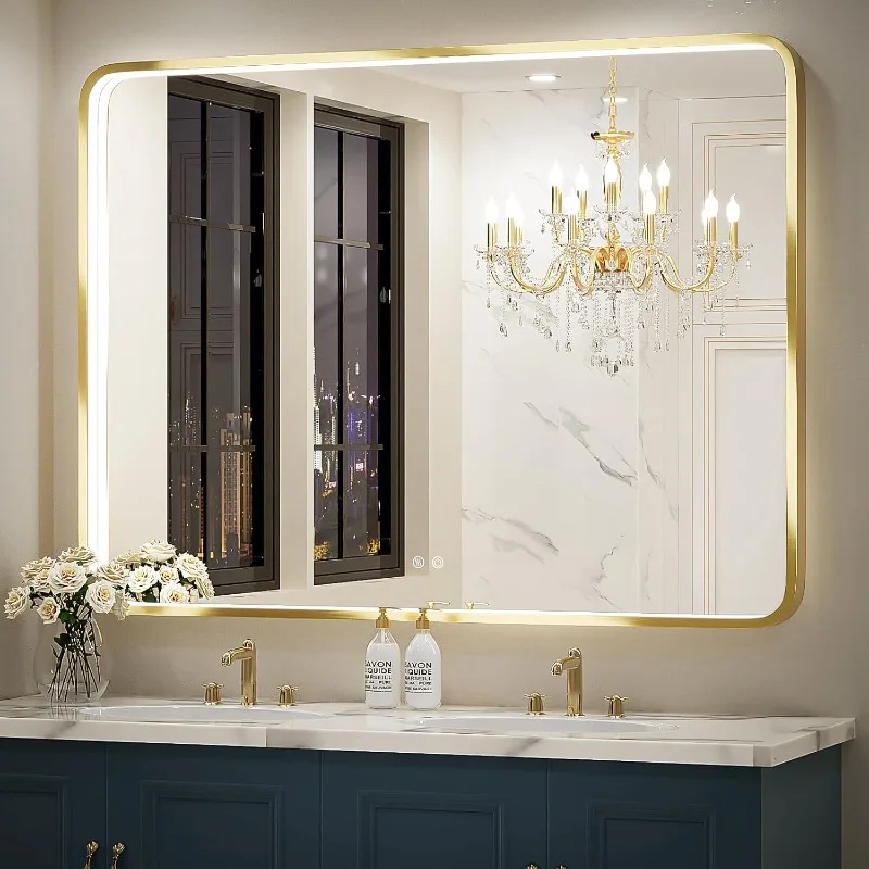 

Светодиодное зеркало для ванной комнаты 48X36 дюймов, туалетные зеркала с настенной подсветкой и нержавеющим золотым металлическим каркасом, функция противотуманной памяти Ste