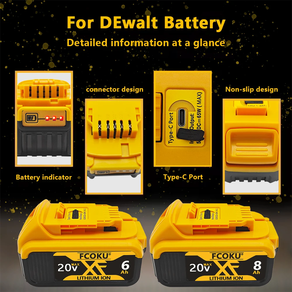 NEW for Original DeWalt 20V 6.0Ah Rechargeable Batteries  suitable DCB184 DCB181 DCB182 DCB200 Replacement Battery+Type-c port