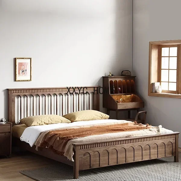 

Кровать в стиле ретро, двуспальная кровать для главной спальни, мебель из массива дерева, легкая роскошная кровать из массива дерева