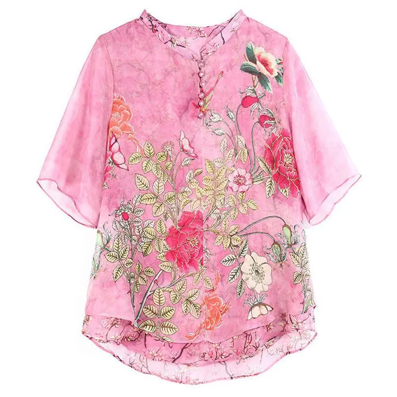 Temperament Simplicity Summer Women\'s Stand Collar Printing Button Fashion Casual Versatile Half Sleeve Loose Chiffon Shirt Tops