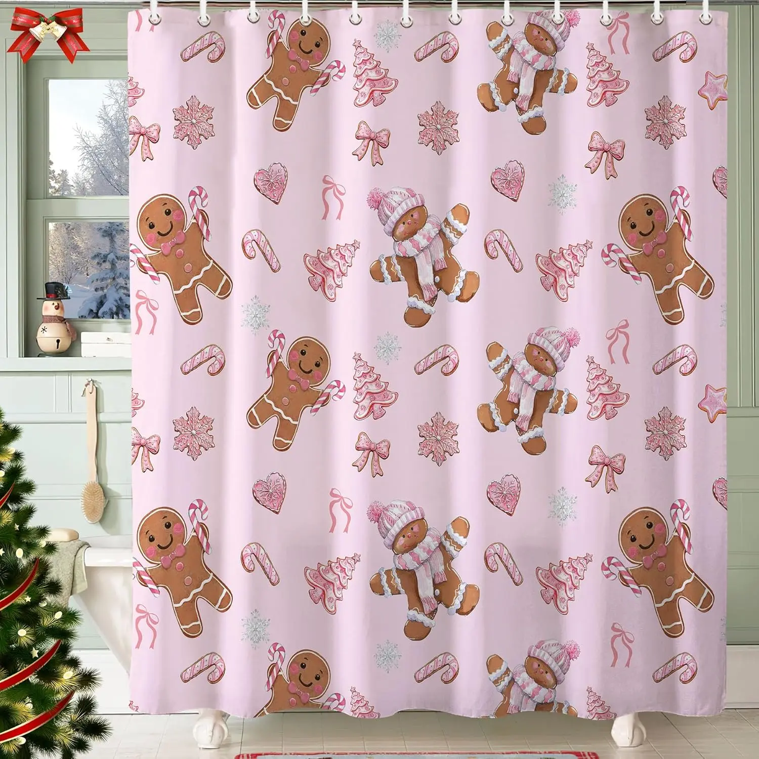 Christmas Shower Curtain Pink Cute Gingerbread Man Candy Cane Bathroom Shower Curtain Winter Waterproof Fabric Bath Bathroom