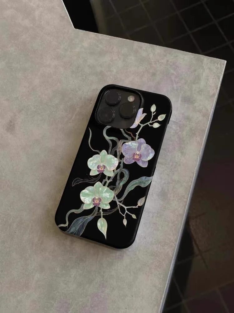 أنيقة نمط الأوركيد خلفية سوداء الفنية قضية الهاتف آيفون 17 16 15 14 11 12 13 برو ماكس الهواء زائد الغطاء الخلفي #1
