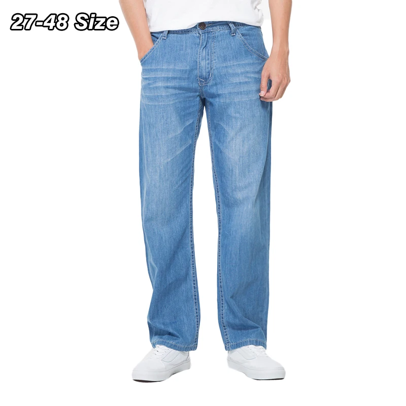 Pantalones vaqueros de talla grande 44 46 48 de verano para hombre, pantalones vaqueros de pierna recta clásicos holgados finos, pantalones casuales de moda de marca 100% algodón