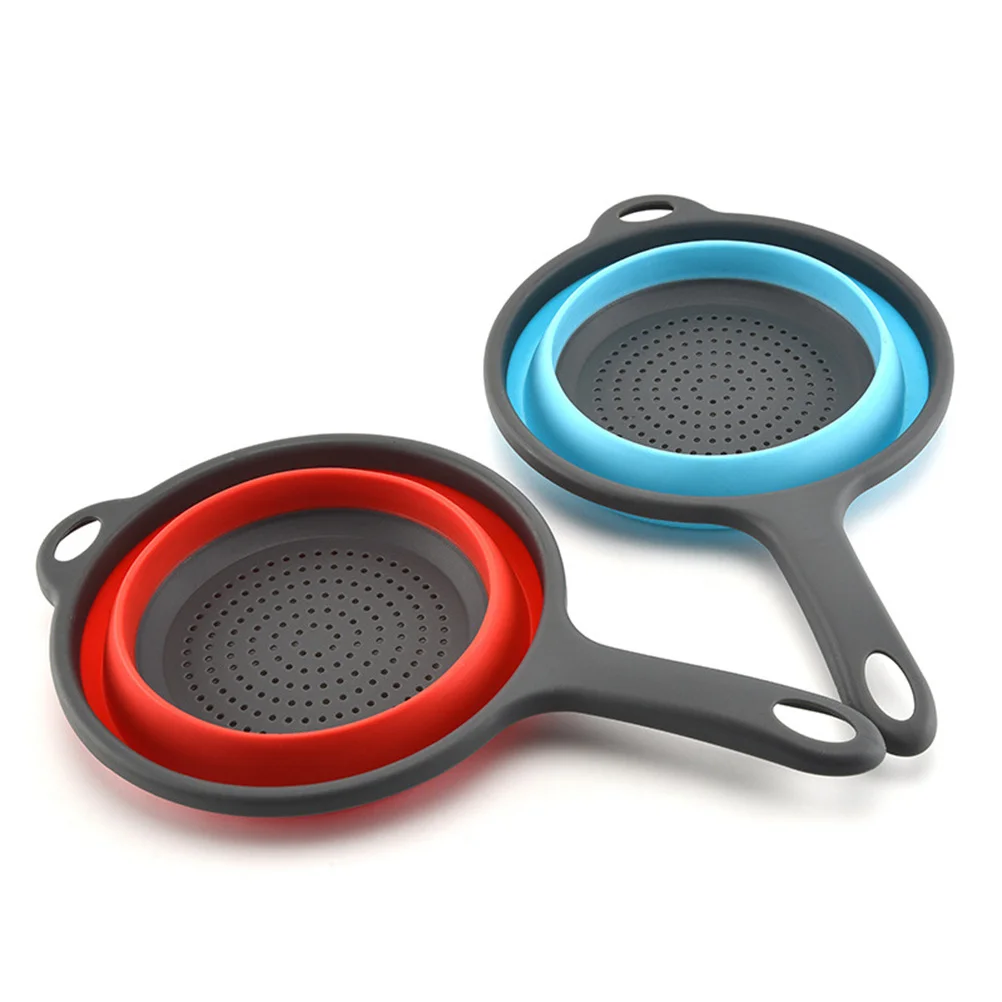 

2pcs Folding Telescopic Silicone Drain Basket Long Handle For Fruits Vegetables Rice Cleaning Kitchen Storage Saver Hollow Mesh
