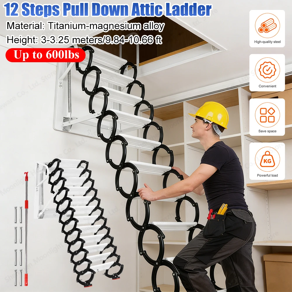 

12 Steps Folding Attic Ladder Wall Mounted Pull Down Staircase 600lbs Capacity Anti Slip 11.2ft for Garage Roof Warehouse Use