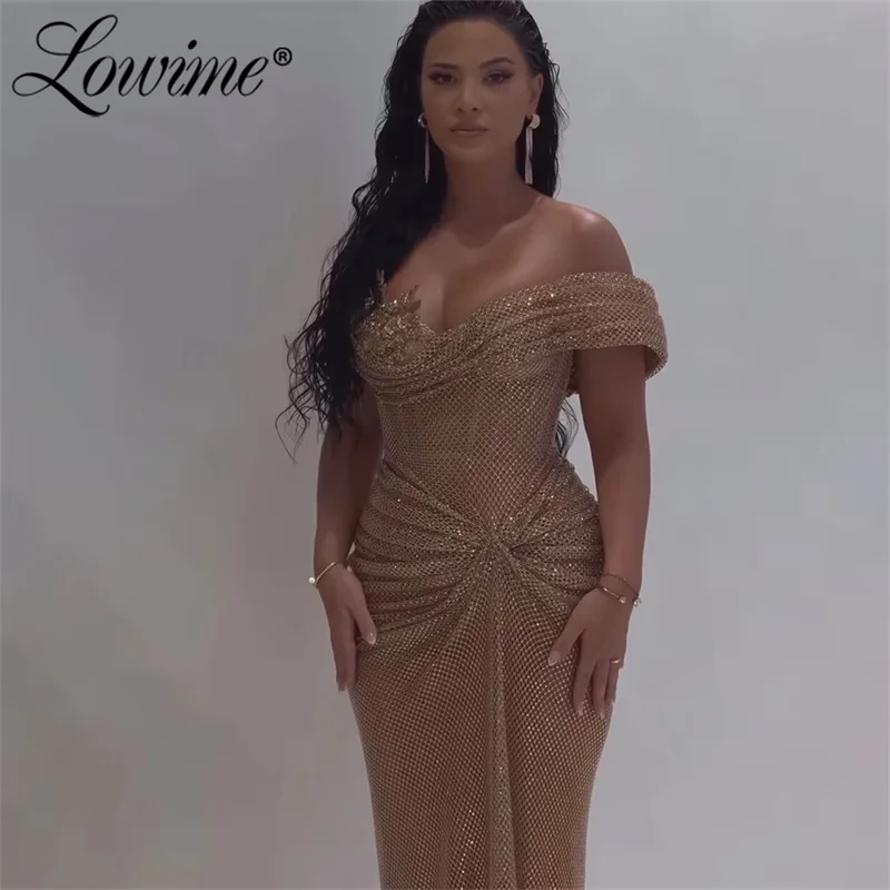 Customized 2025 Rose Gold Saudi Arabic Heavy Beaded High Split Evening Dresses Gowns Formal Occasion Mermaid Prom Party Dress