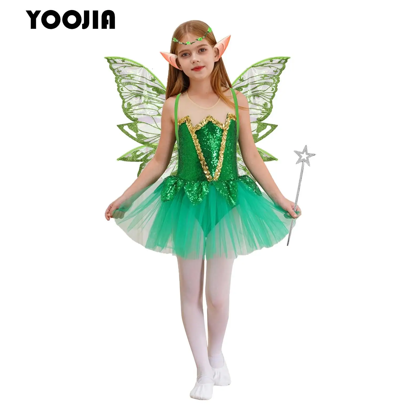 

Flower Girls Fairy Cosplay Costume Green Elf Sequins Princess Tutu Dress with Butterfly Wings Elf Ears Halloween Tinker dress up