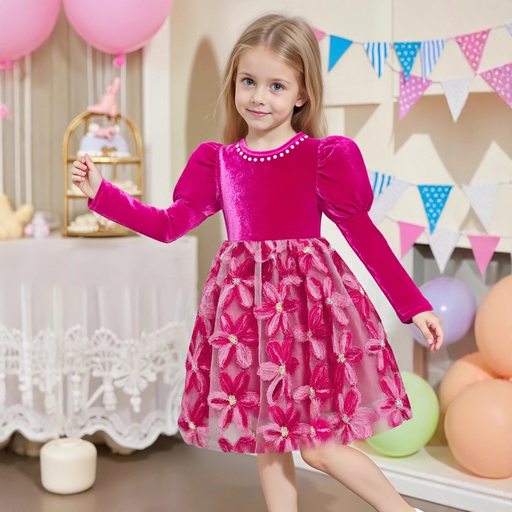 Collar Pearl Decoration Velvet Texture Upper Body Splicing Mesh Large Flower Blooming Fashionable Western-style Dress