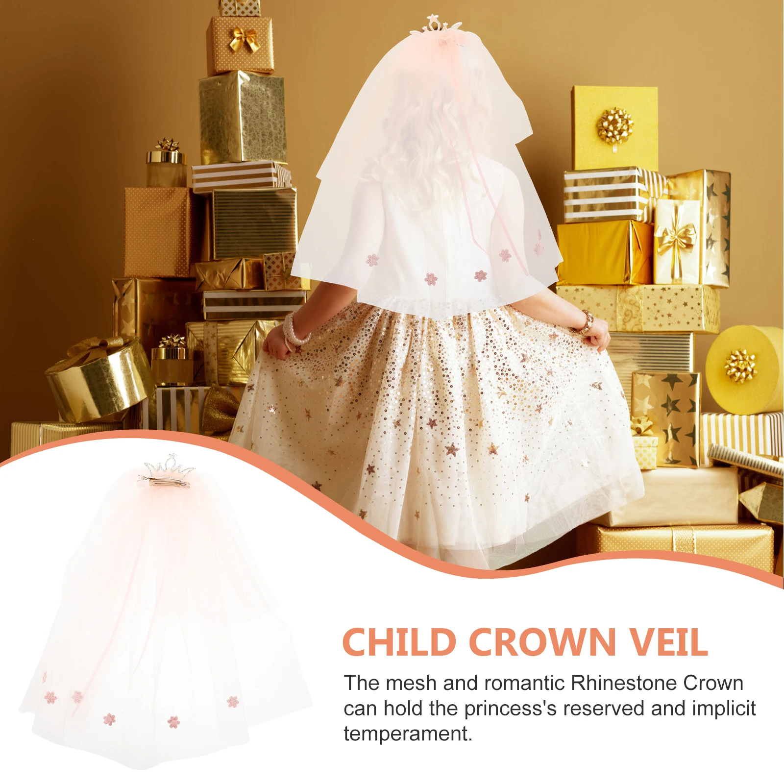 

Pink Kids Crown Veil Rhinestone Tulle Comb Cosplay Birthday Photo Props Elegant Hair Accessories for Child Dress Up