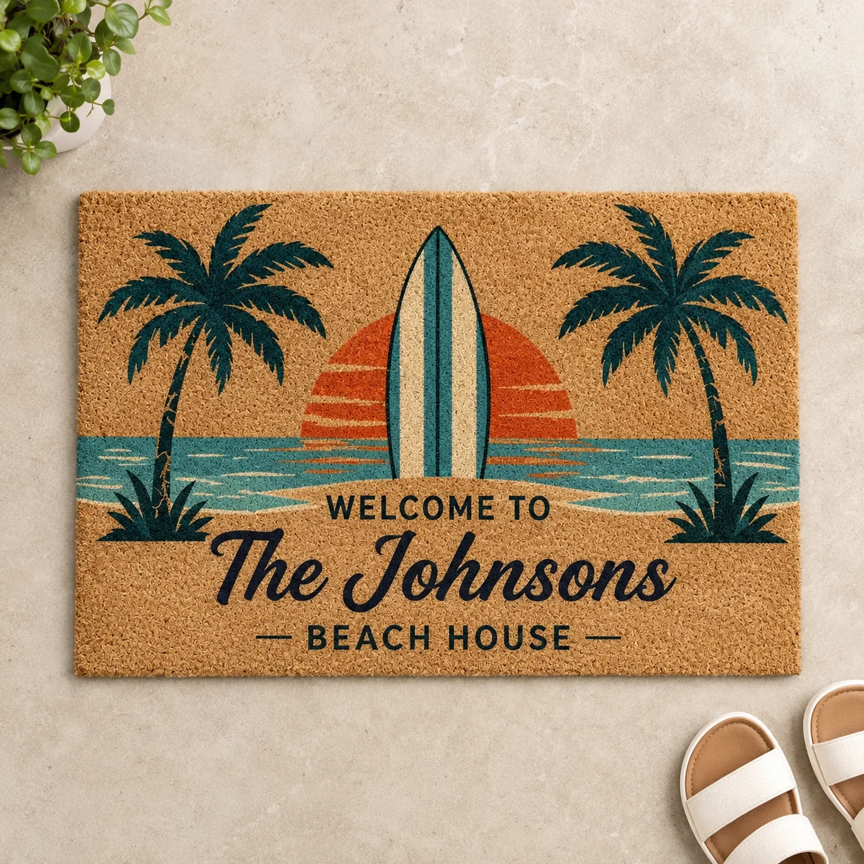 Custom Welcome Doormat Personalized Family Name Coir Look Mat Coastal Palm Tree Beach House Front Door Entrance Decor