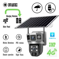 V380 Pro 3MP Solar Panel WIFI IP Camera Two Lens Three Screen Auto Tracking Outdoor Waterproof Security Surveillance PTZ Camera