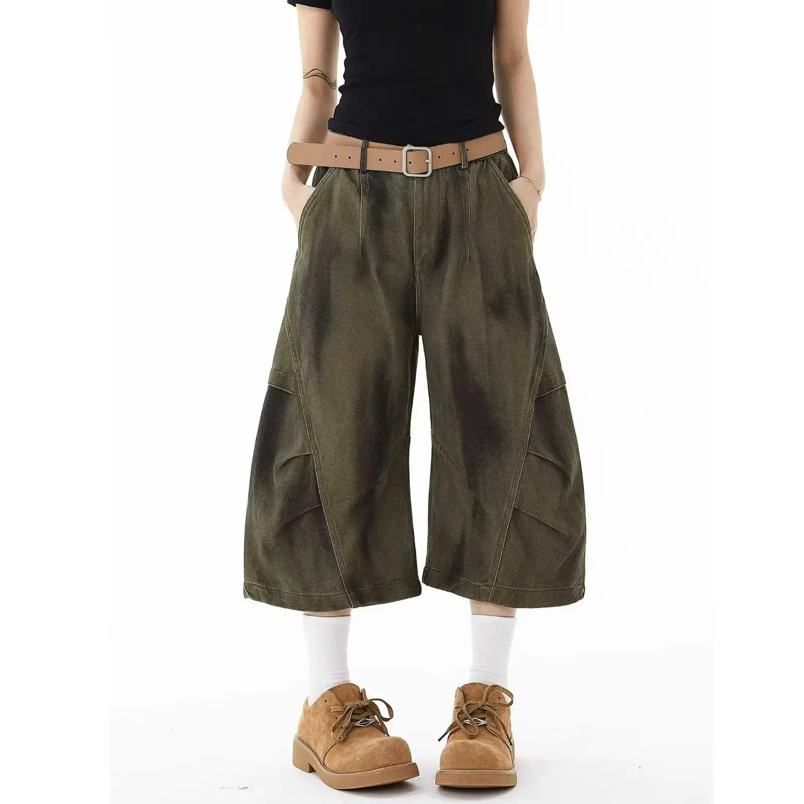 

Y2K New American Retro Distressed Cropped Pants Dirty Dyed Wide Leg Pleated Shorts Loose Straight Workwear Style for Summer