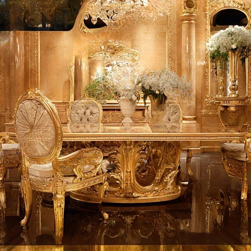 French luxury palace villa dining table, European solid wood round dining table, large unit gold foil patterned rectangular dini