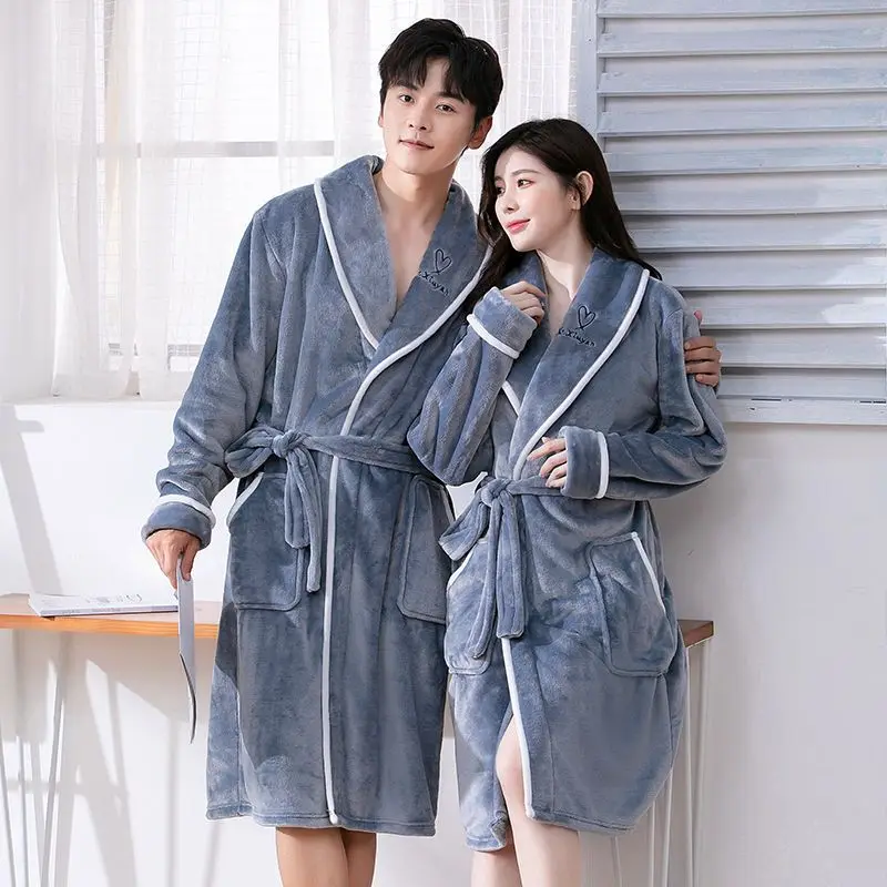 Plus Size Flannel Couple Robe Sleepwear Autumn Winter Thickened Coral Fleece Nightwear Bathrobe Loose Casual Homewear Loungewear