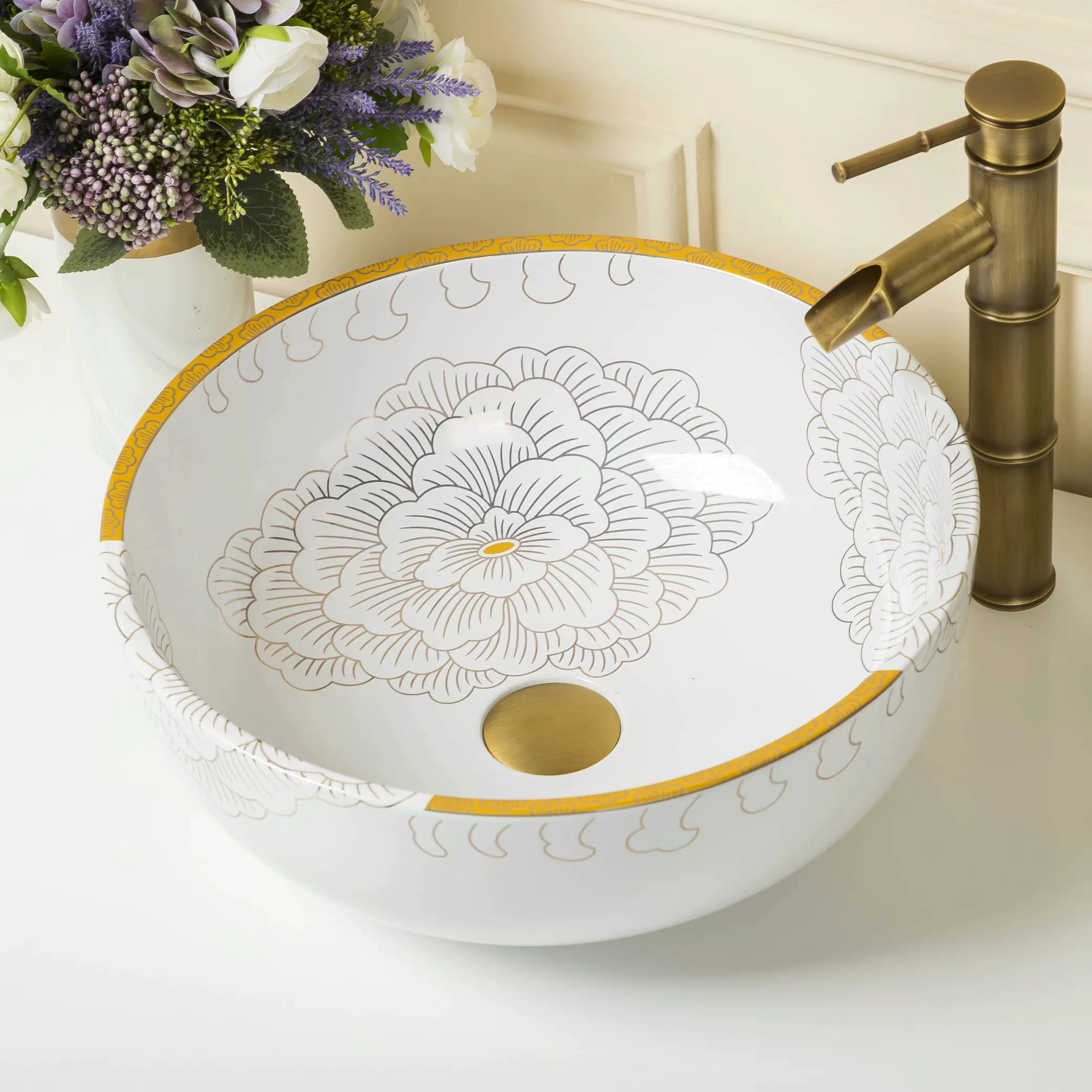 

Porcelain China Classic Art Poeny White Countertop Ceramic Restroom Wash Basin Vessel Sink for Sanitary