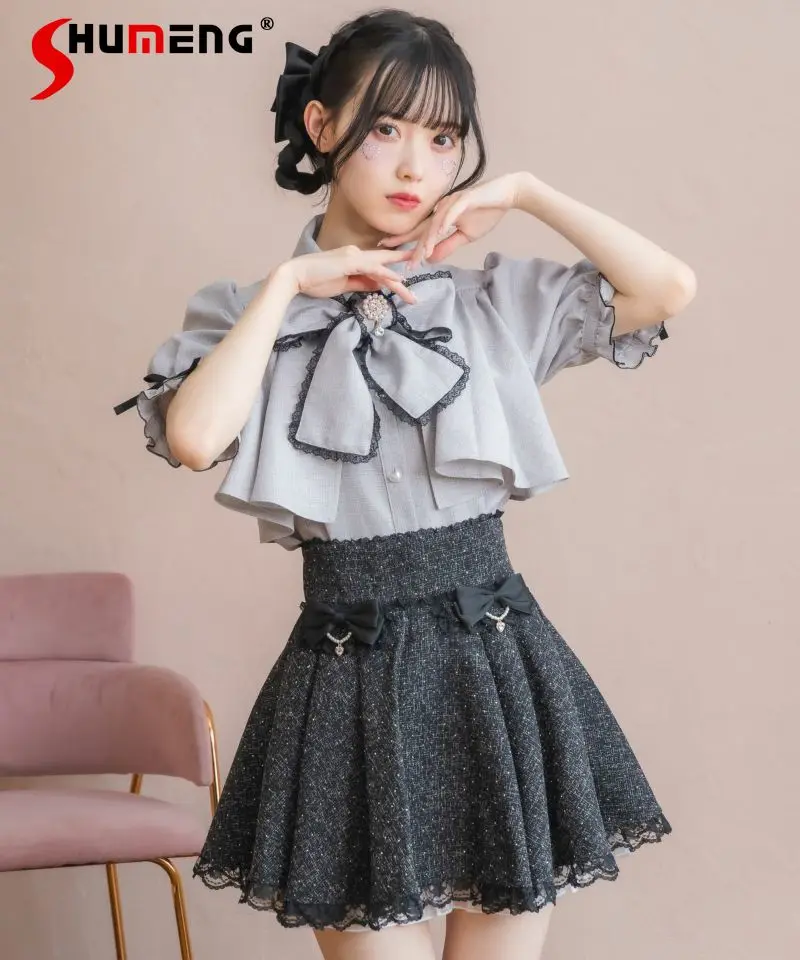 

Japanese Sweet Cute Girl Lolita Blouse Lace Patchwork Doll Collar Short Sleeve Single-Breasted Versatile Casual Shirt Tops Women