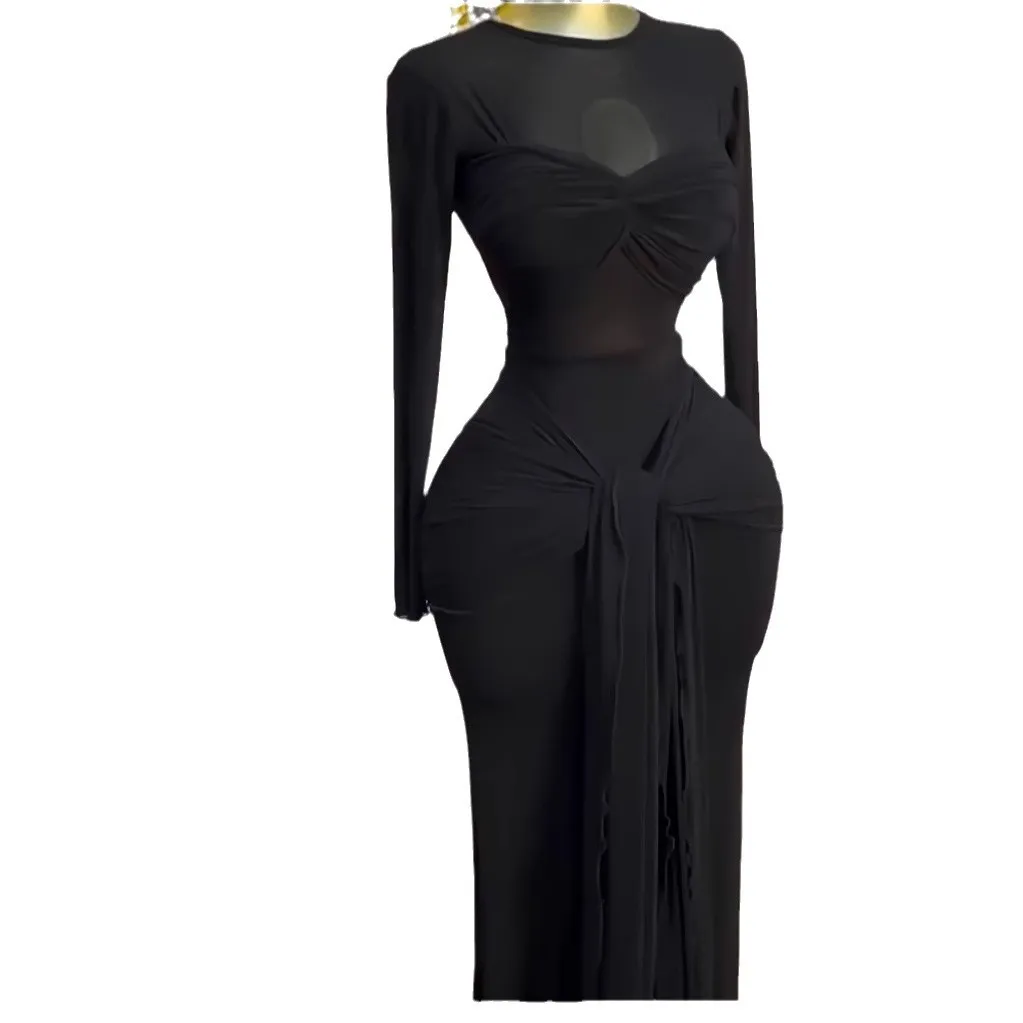 Womens Dress 2025 Summer Elegant Mesh See Though Long Sleeve Bowknot Sexy Club Party High Street Maxi Evening Dresses Streetwear