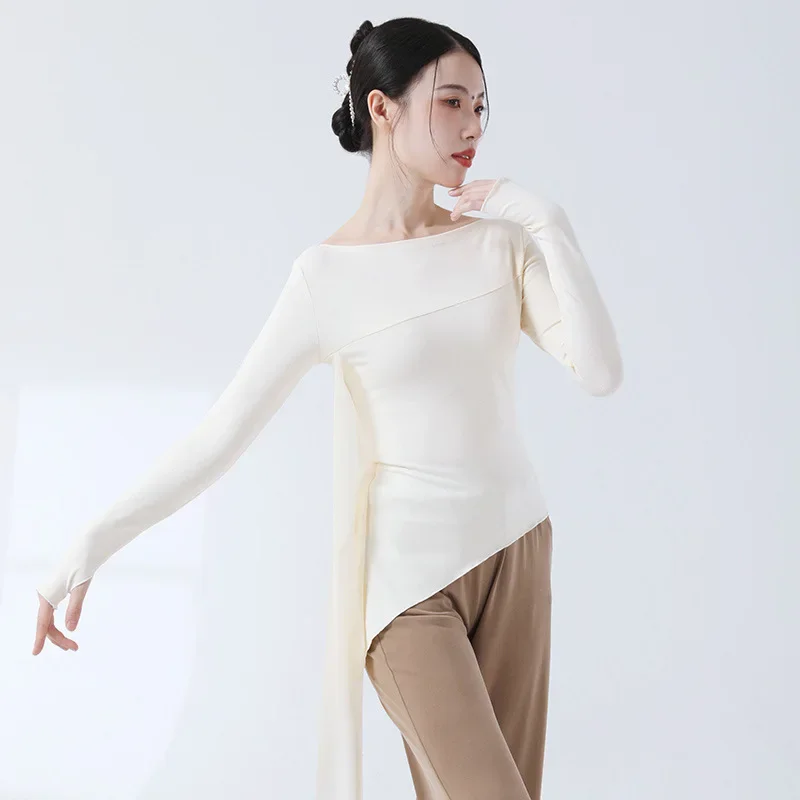 Classical Dance Practice Clothes Finger Sleeve Side Split Tulle Design Chinese Style Casual Wear Chic Stage Performance Costume