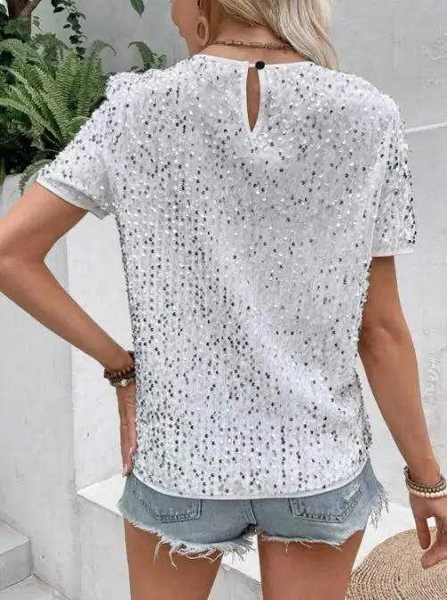 Top Frauen 2025, Frühling Sommer Neue Einfarbig Lose Fit Kurzarm Rundhals Pailletten Dekor Casual Täglichen T-Shirt Top
