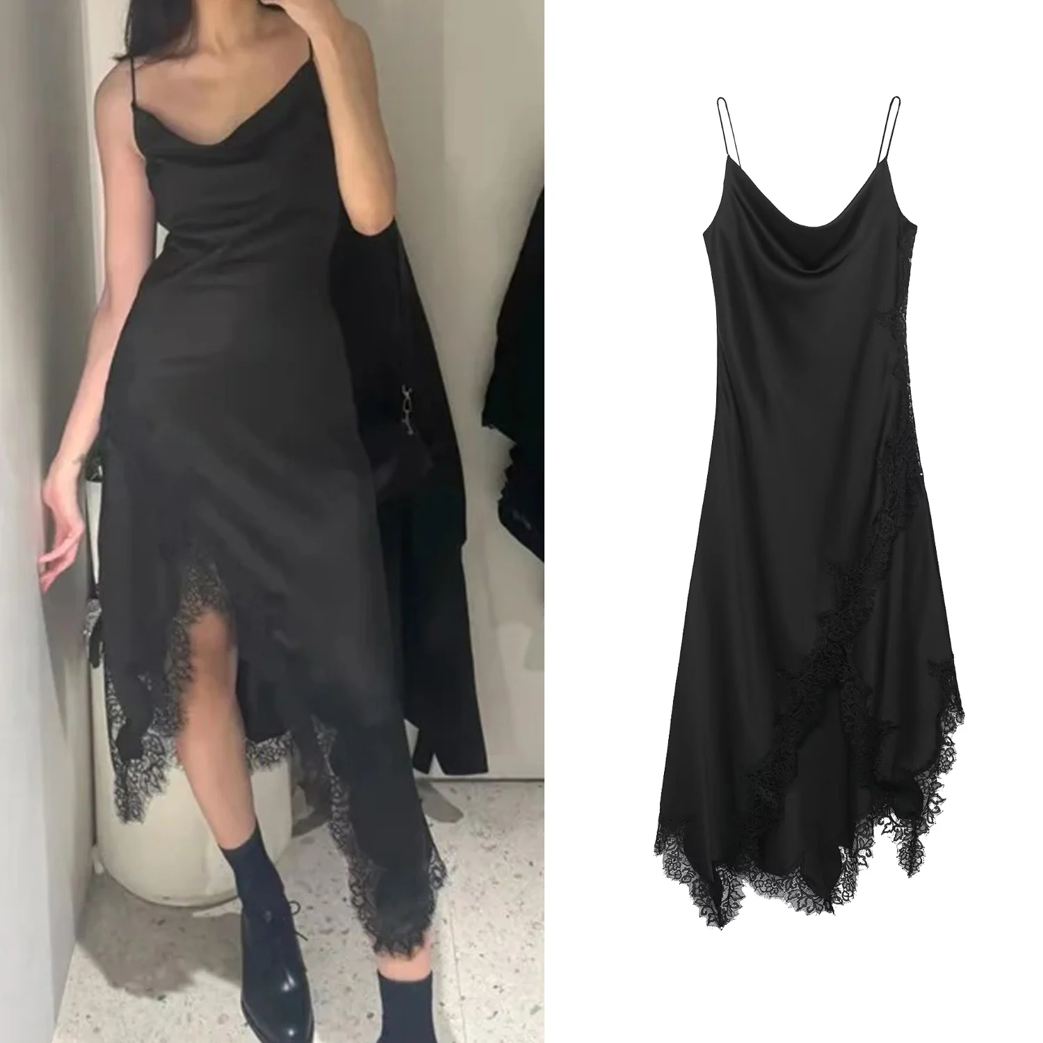 Femmes noir élégant Satin dentelle robe d'été nouvelle mode féminine Sexy mince longue robe dame asymétrique ourlet robe de soirée
