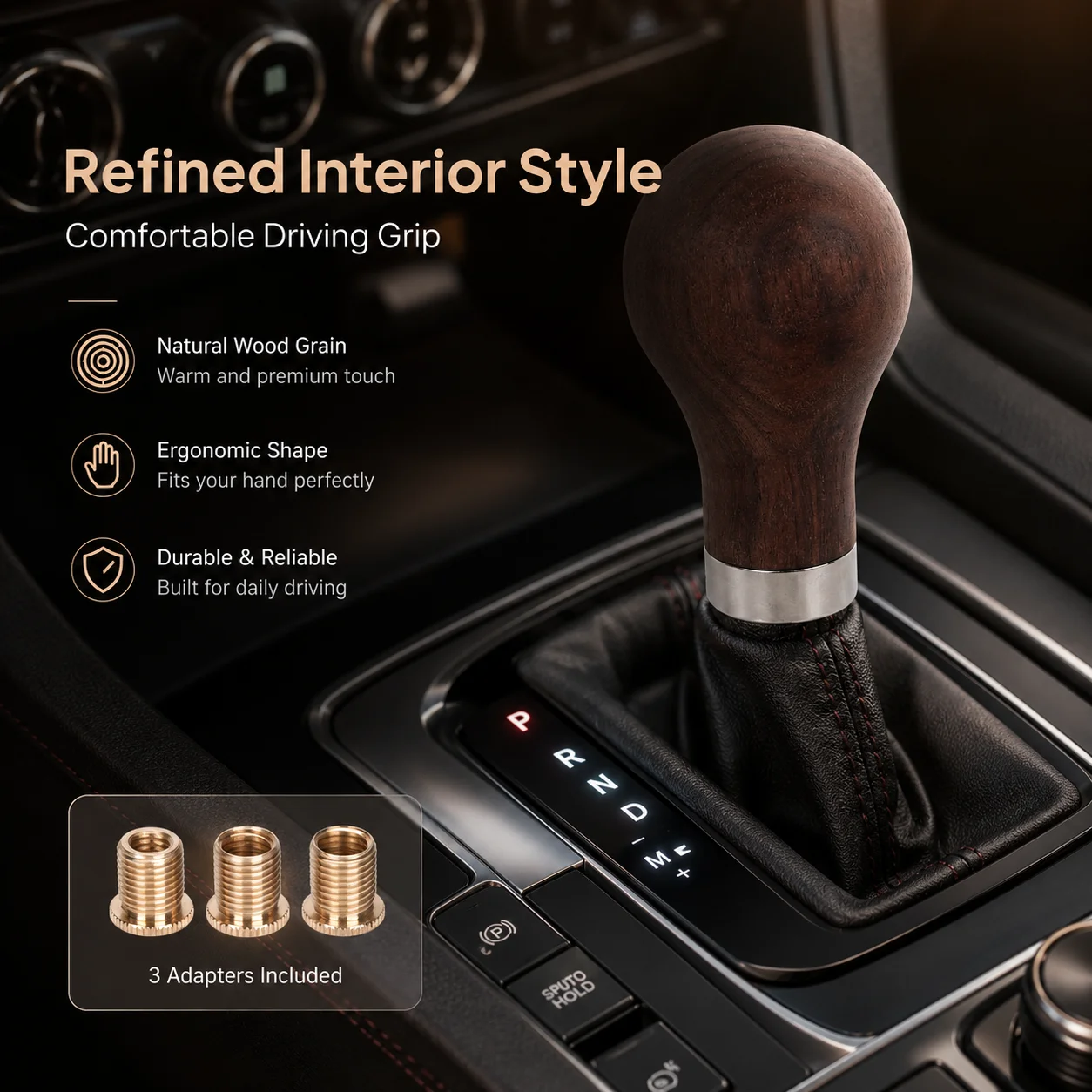 Ergonomic Solid Wood Gear Shift Knob for Automatic Cars Dark Wood Shifter Handle with 3 Brass Thread Adapters Interior Upgrade