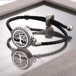 Aromatherapy Black Leather Bracelet Stainless Steel Black Essential Oil Diffuser Bracelet perfume Locket Women's Jewelry