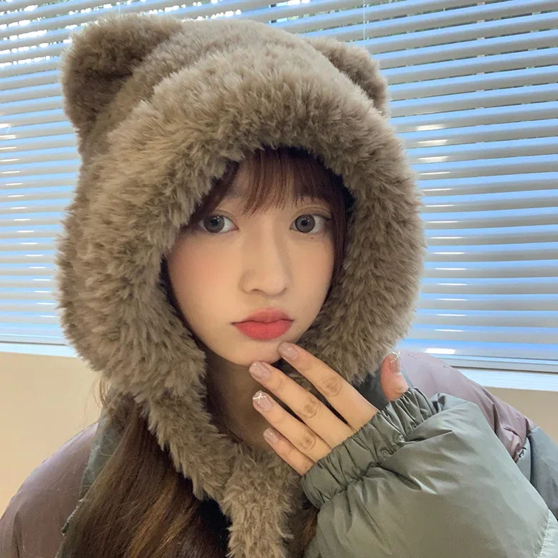 Fashion Women Kawaii Ear Bear Plush Hat for Winter Thicken Soft Thermal Cap Outdoor Ear Head Warm Comfortable Protection Beanies