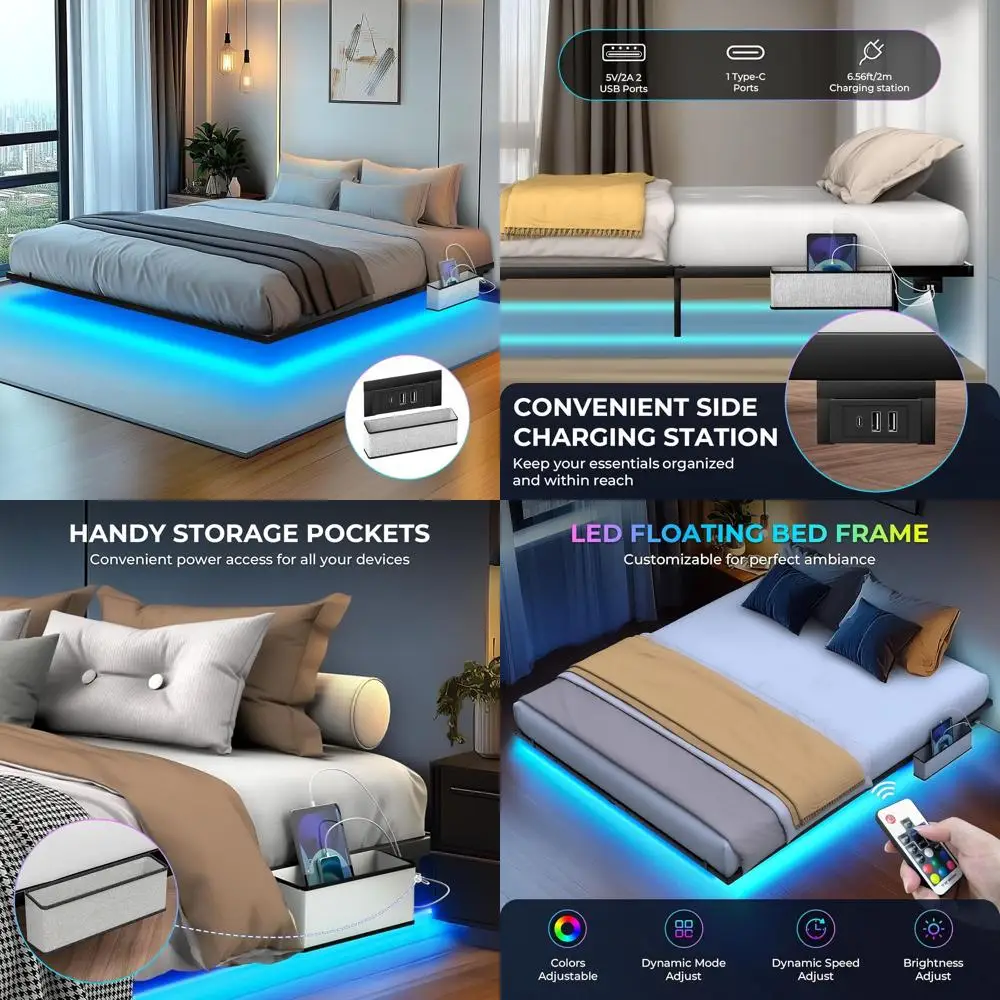 

Плавающая металлическая кровать-платформа с подставкой для матраса, LED-подсветкой, зарядной станцией и защитой от смещения матраса, не требует пружинного блока.