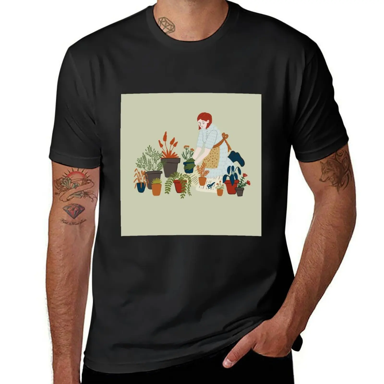 

Spring Gardening. Woman take care of plants T-Shirt shirts graphic tees Short sleeve tee designer t shirt men