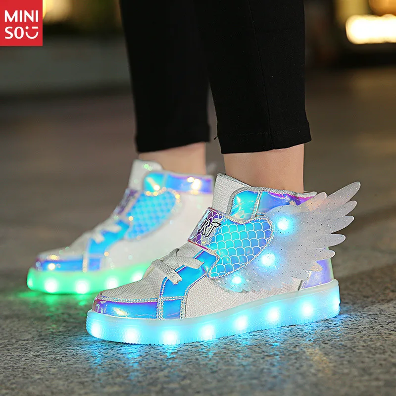 

Детская перезаряжаемая обувь Miniso со светодиодной подсветкой для танцев Shuffle, разноцветные мигающие кроссовки для мальчиков и девочек