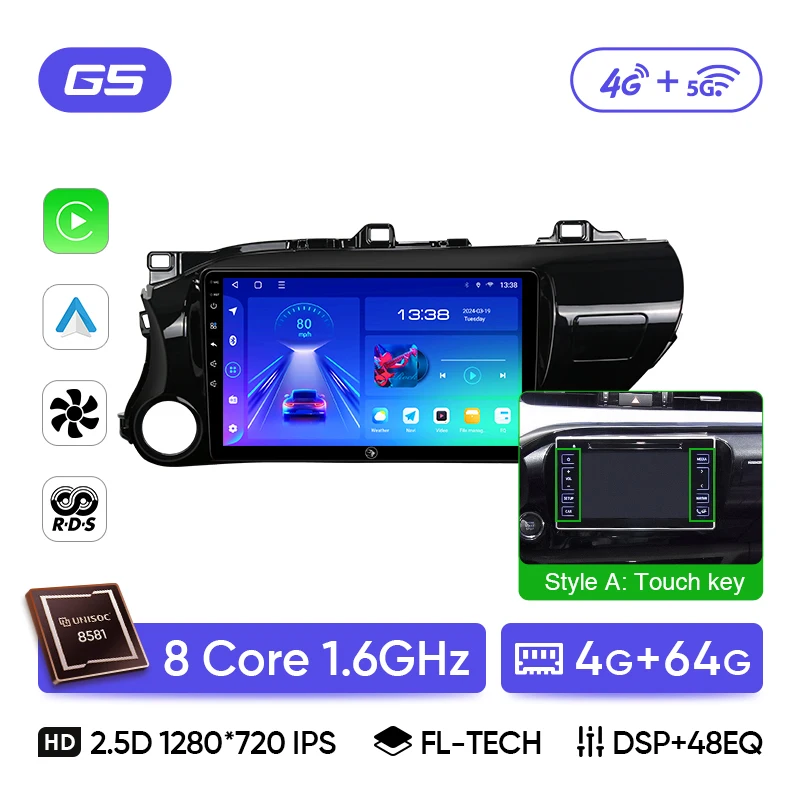 Ainavi Autoradio für Toyota Hilux LHD 2015 2016 2017 2018 2020 2021 2023 Drahtloser Carplay Android Auto-Multimedia-Player Stereo 10