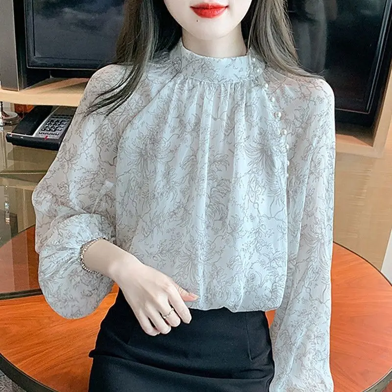 Elegant Stand Collar Printed Folds Beading Chiffon Blouses Female Clothing 2024 Spring New Loose Casual Tops Office Lady Shirts