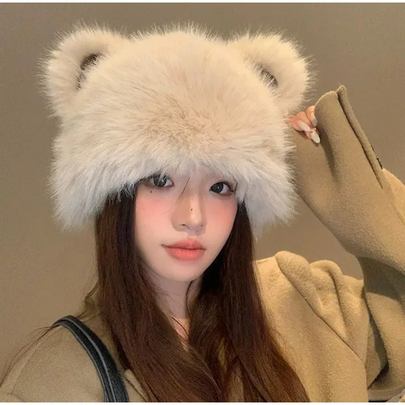 

Women's Fashion Bear Ear Fur Cap Fur Hat Autumn and Winter Fur Hats Mongolian Hat Brimless Plush Fluffy Skiing Riding Warm Caps