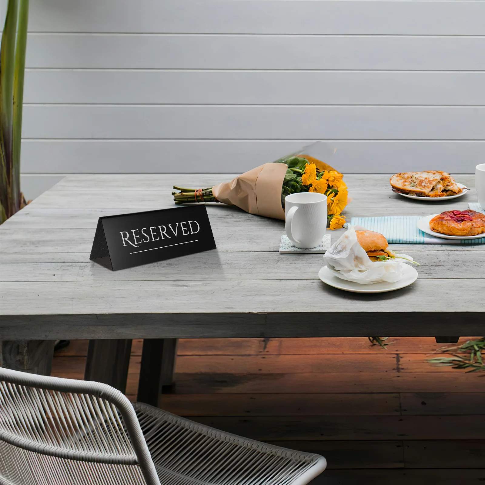 

2Pcs Triangular Acrylic Reserved Tent Signs Thick Black Background White Text for Wedding Restaurant Hotel Dining Table