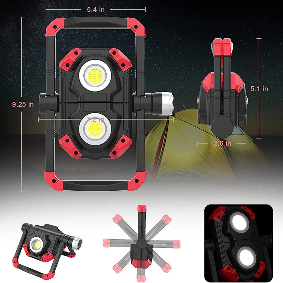 Rechargeable LED Work Light,3 COB 1150LM Flood Light,360° Rotation Waterproof Light,for Camping Car Repairing,Etc,Red