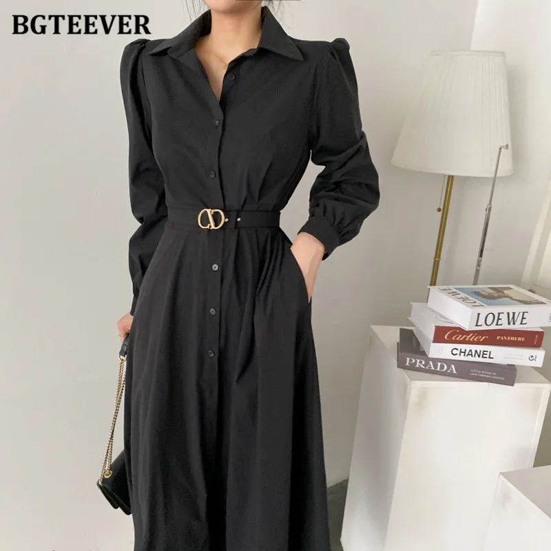 BGTEEVER Vintage Turn-down Collar Single-breasted A-line Dress Women Elegant Long Sleeve Belted Slim Waist Female Dress vestidos