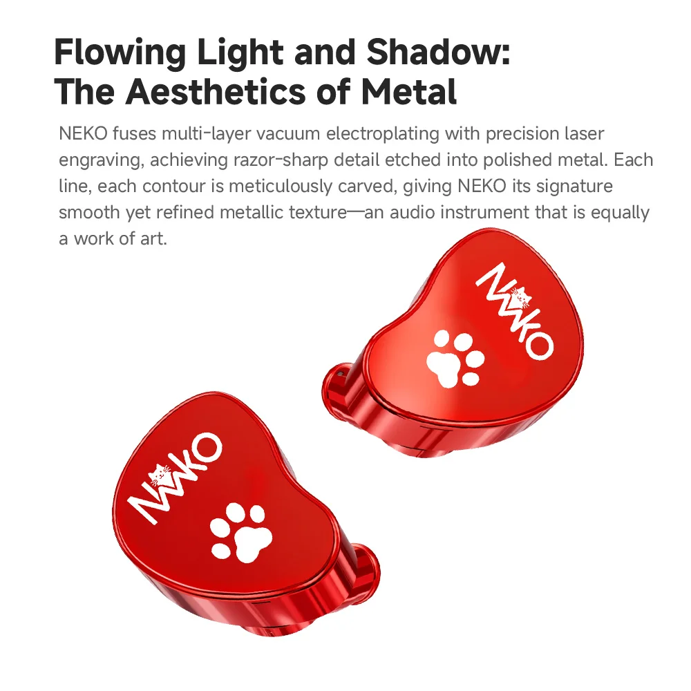 Słuchawki douszne CVJ NEKO Red, dynamiczne, przewodowe, HiFi, z powłoką próżniową, grawerowane laserowo, z wtykiem 3.5mm Single Ended i wtykiem 4.4mm Balanced. — zdjęcie produktu 2