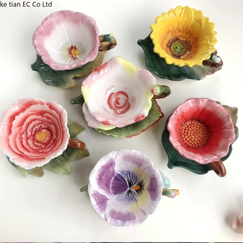 

European Luxury Flower Ceramic Afternoon Tea Coffee Cup and Saucer Set Elegant French Black Tea Cup Dessert Saucer Coffee Spoon