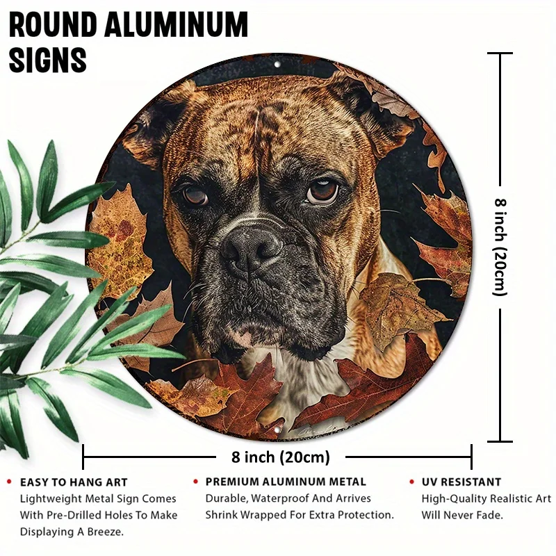1pc 20.32x20.32cm Round Aluminum Sign with Boxer Dog & Autumn Leaves Design - Durable, UV & Scratch Resistant Metal Wall Decor f