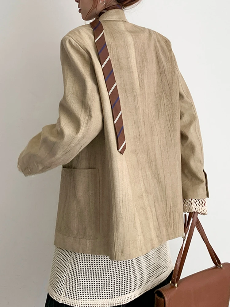 YERMORA Khaki Pockets Linen Texture Casual Blazer For Women Lapel Long Sleeve Loose New Jacket Fashion Tide Spring Autumn 2025