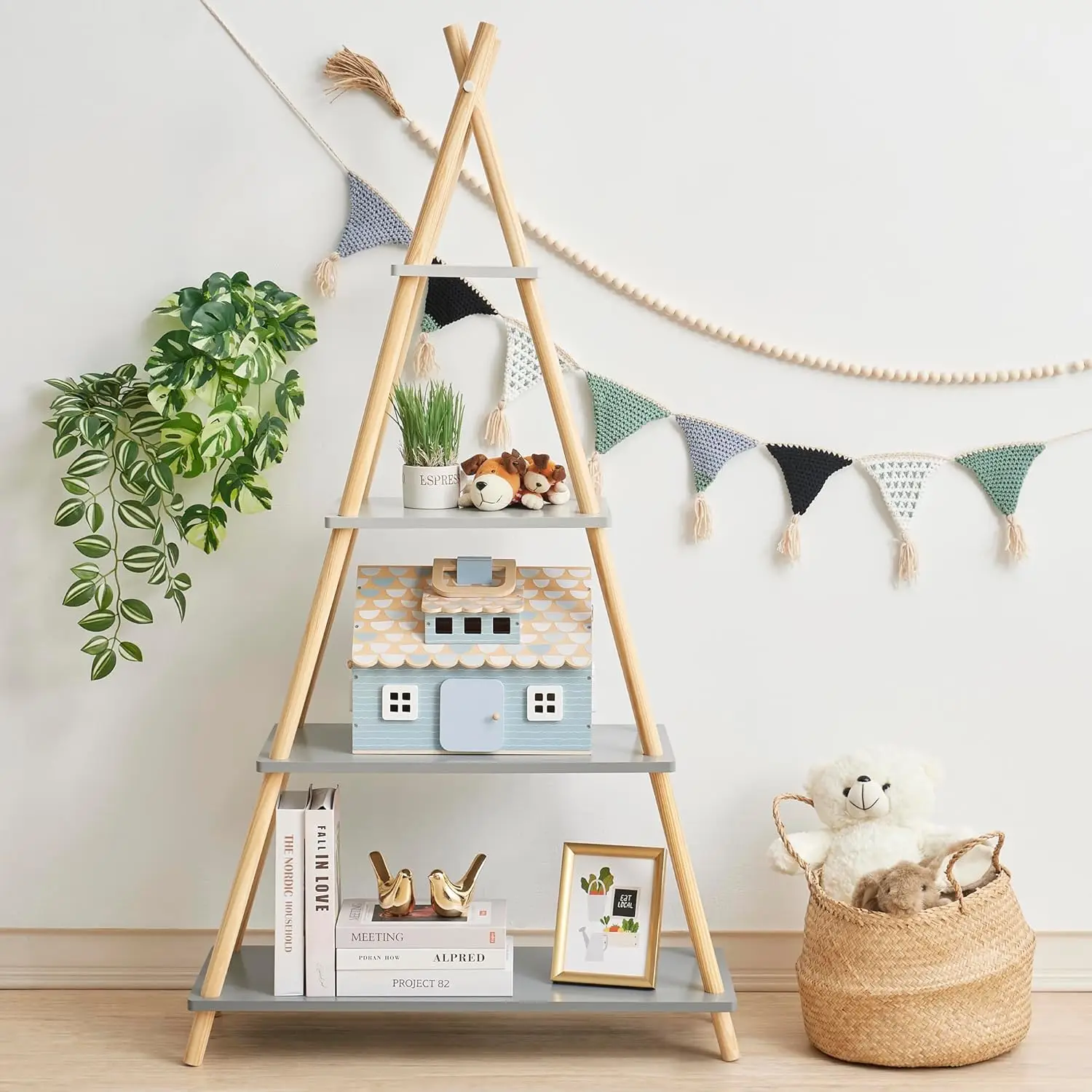 Hölzernes Cottage-Puppenhaus mit 12 Zubehörteilen und 4 Figuren – tragbares 2-stöckiges Spielhaus für 3,5-Zoll-Puppen – faltbares Miniaturspielzeug