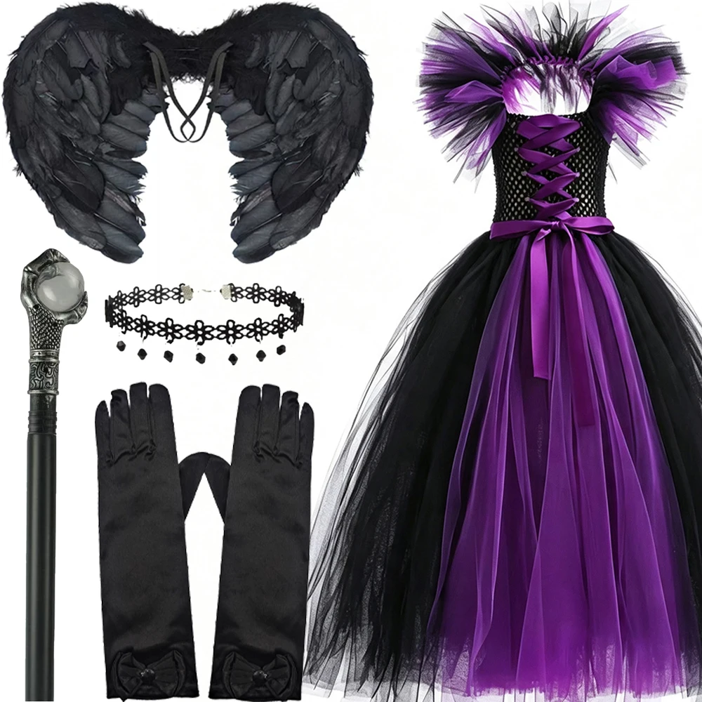 Halloween-Kostüm „Böse Königin“ für Mädchen, luxuriöses lila Tüll-Hexenkleid, Kindergröße 2–12 Jahre, Karnevalsparty, Bühnen-Cosplay-Outfit – Detail 9