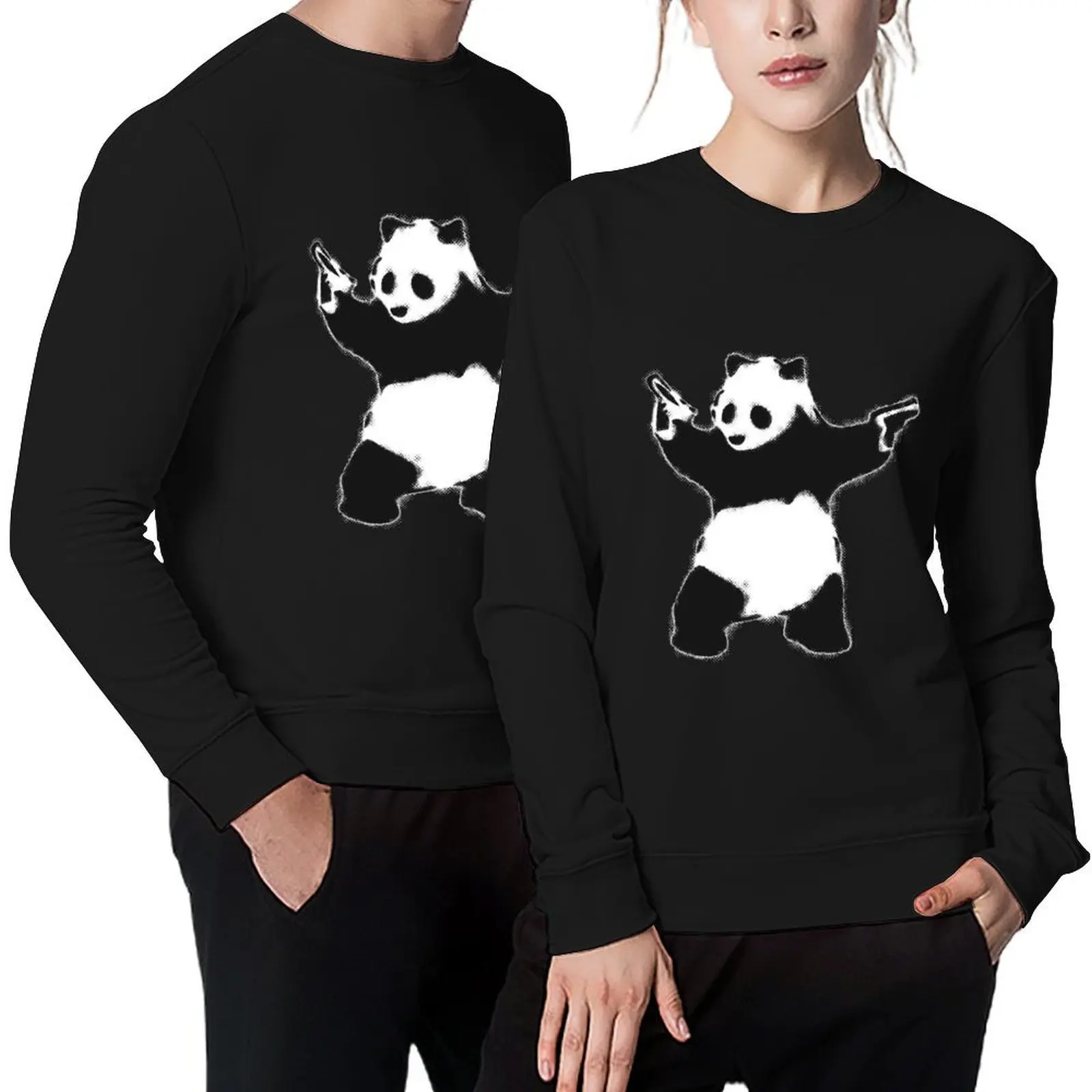 

Banksy Panda with guns black and white Graffiti Street art with Banksy signature tag on white background HD HIGH QUALIT Pullover