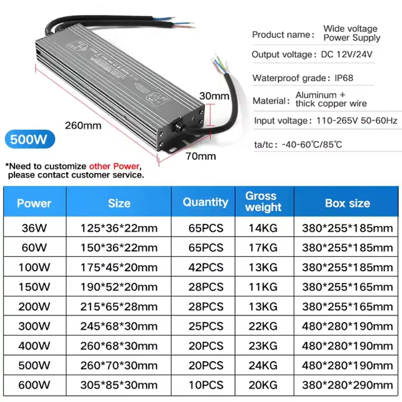10W-500W DC 12V 24V Low Voltage Waterproof Pool Light Transformer for Outdoor Landscape Underwater Lamp Pool Lighting
